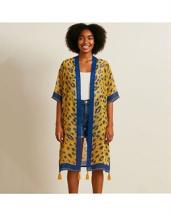 Прозрачный длинный пончо-кимоно с леопардовым принтом и кисточками на распашке Truedames