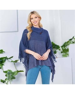 Вязаное пончо с вырезом лодочкой, бахромой и градиентным цветовым блоком, синий Truedames