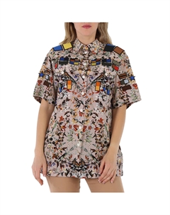 Badge Appliques Iris Рубашка оверсайз из крепдешина с цветочным принтом, бежевый Burberry
