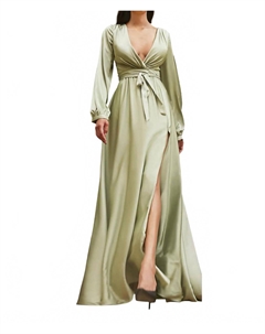 Длинное сатиновое платье с запахом в цвете шалфей, Sage Cinderella divine