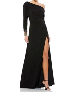 Черное платье с длинными рукавами, бусинами на манжетах и спущенным плечом Mac duggal