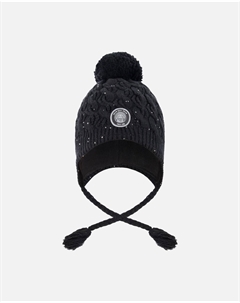 Зимняя перуанская вязаная шапка с помпоном и подкладкой черная Deux par deux