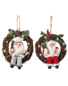 Подвеска с подсветкой Дед Мороз в венке 20см 6LED в асс-те Kaemingk