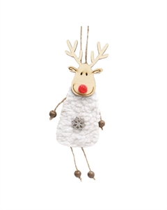 Подвеска Олень с красным носом 15см дерево белый Maxijoy