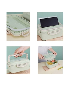 Ланч-бокс в школу, 1.5 л, 3 секции, с приборами, 20×13×7 см, пшеничная солома, зеленый Take it easy