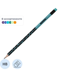 Карандаш чернографитный НВ с ластиком заточенный трехгранный Kores