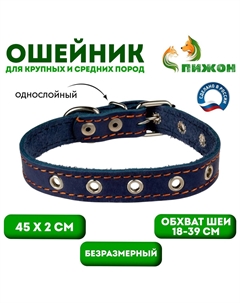 Ошейник кожаный однослойный безразмерный, 45×2 см, ош 18-39 см, синий Пижон