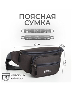Сумка поясная на молнии, 30×10×14 см, с наружными карманами, серая Nobrand