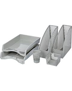 Лоток вертикальный для бумаг 110 мм пластиковый 6 предметов серый (2 лотка горизонтальных, 2 лотка вертикальных, подставки для ручек и стикеров) Attache
