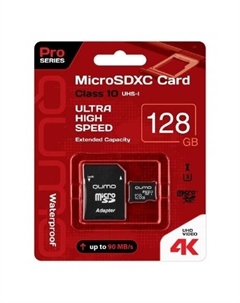 Карта памяти microSDXC class 10 UHS Class 3 128GB + SD adapter (QM128GMICSDXC10U3) Qumo