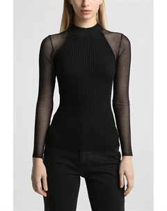 Джемпер комбинированный с воротником стойкой и рукавами прозрачной вязки Hugo
