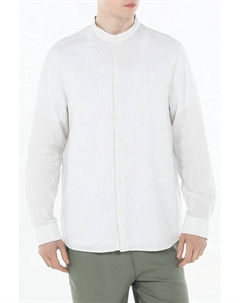 Рубашка из хлопка и льна с воротником стойкой в мелкую полоску Piombo