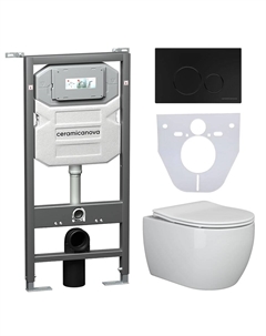Подвесной унитаз с инсталляцией Play CN3001_1001B_1000 с черной матовой кнопкой Round и шумоизоляцией белый Ceramica nova