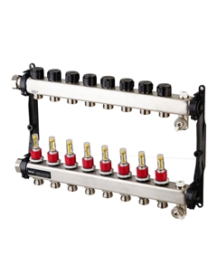 Коллектор для теплого пола 1 ВР(г) х 8 выходов 3/4 НР(ш) ЕК х 1 ВР(г) с расходомерами (77310008) Tece