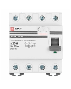 УЗО PROxima ВД-100 25А 3P+N тип AC 30 мА 4,5 кА (elcb-4-25-30-em-pro) Ekf