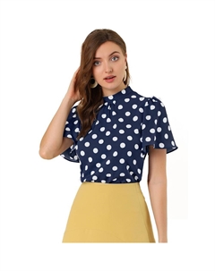 Женская блузка в горошек с воротником-стойкой и складками на спине с короткими расклешенными рукавами, цвет Navy Blue Allegra k