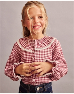 Блузка с длинными рукавами, круглым вырезом, кружевной отделкой и мелкой клеткой виши (5x5) для девочки, красный Coconut el corte inglés