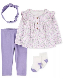 Комплект для девочки: топ, повязка на голову, брюки и носки с цветочным принтом, 4 предмета, фиолетовый Carter`s