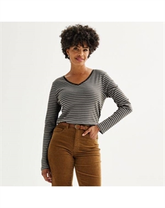 Миниатюрная базовая блузка с длинным рукавом и v-образным вырезом, цвет black neat stripe Croft & barrow