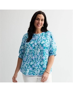 Повседневный топ с разрезом на горловине больших размеров, цвет teal blue fun garden Croft & barrow