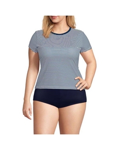 Облегающий рашгард с короткими рукавами и встроенным бюстгальтером UPF 50, цвет navy mini stripe Lands' end