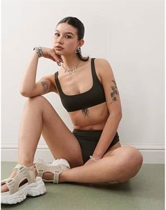 Смешанный топ бикини Sand темно-зеленого цвета с круглым вырезом эксклюзивно для ASOS Weekday