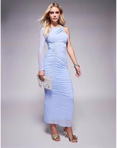 Платье миди ASOS DESIGN Petite из сетчатой ткани с одним рукавом и асимметричной отделкой на бретелях бледно-голубого цвета Asos petite