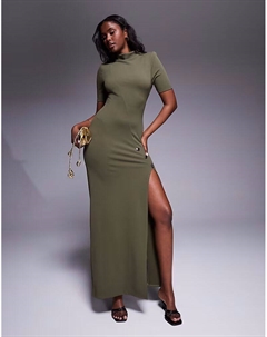 Платье-футляр макси из искусственной кожи с высоким воротом, короткими рукавами и разрезом, отделкой из крупных золотых пуговиц цвета хаки Asos design