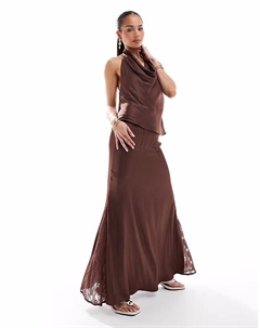 Юбка миди из атласа с кружевными вставками, цвет коричневый Pull & bear