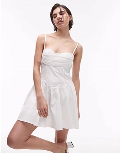 Мини-платье из поплина с драпировкой и сетчатым бюстом, вырезом в форме сердечка, белое Sndys