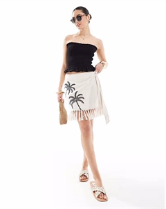 Мини-юбка из льняной смеси с вышивкой пальмами, завязками по бокам и бахромой бежевого цвета 4th & reckless