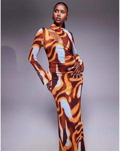 Платье макси с разрезом на плече, рельефным лифом и красным абстрактным принтом Asos design