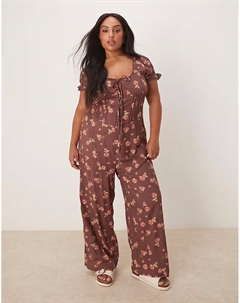 Комбинезон с корсетом и отделкой из крученого кружева ASOS DESIGN Curve с лиловым цветочным принтом Asos curve