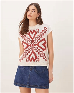 Трикотажная майка с круглым вырезом, фольклорным принтом и бахромой кремового цвета Asos design