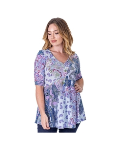 Женская туника с принтом пейсли и V-образным вырезом в стиле Хенли, цвет Purple Multi 24seven comfort apparel