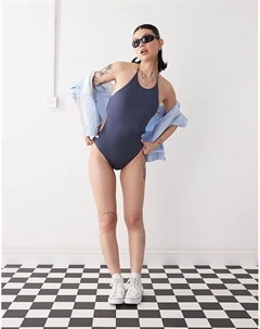 Блестящий купальник для буднего дня с бретелькой через шею и завязками на открытой спине, цвет пыльно-темно-синий Weekday