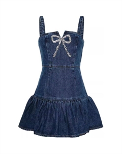 Джинсовое мини-платье с бантом, синее Self-portrait