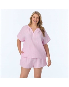 Комплект из двух предметов: пижамный топ с короткими рукавами и пижамные шорты большого размера из сирсакера, цвет pink stripe Draper james