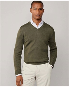 Мужская майка с V-образным вырезом из мериносовой шерсти и шелка, окрашенная в готовом виде, военный зеленый Hackett