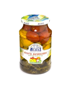 Ассорти маринованное патиссоны, черри, огурцы 900 г Меленъ
