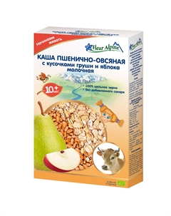 Каша молочная детская ПШЕНИЧНО-ОВСЯНАЯ с кусочками груши и яблока, с 10 месяцев, 200 г Fleur alpine