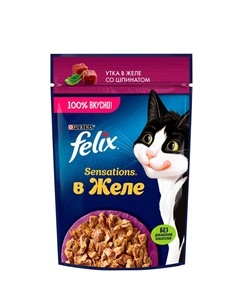 Sensations Влажный корм (пауч) для взрослых кошек, с уткой в желе со шпинатом, 75 гр. Felix