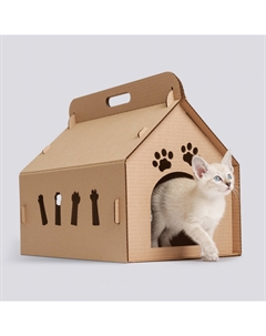 Домик из картона с ручкой для кошек, 45х33х40 см, коричневый Pet hobby