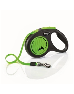 Рулетка для собак New Neon, M, до 25 кг, ремень 5 м, черно-зеленая Flexi