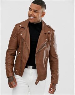 Светло коричневая кожаная байкерская куртка Asos design