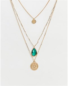 Золотистое многоярусное ожерелье с подвесками и зеленым камнем Unaellan Aldo