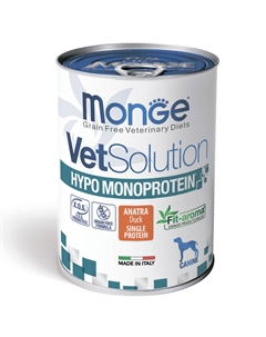Корм для собак VetSolution Dog Hypo Monoprotein Duck при пищ.непереносимости, утка банка 400г Monge
