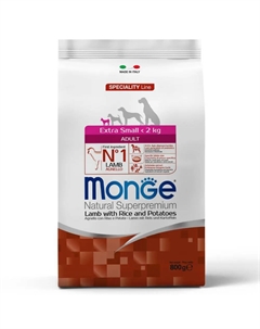 Extra Small Adult Сухой корм для взрослых собак миниатюрных пород, с ягненком, рисом и картофелем, 800 гр. Monge