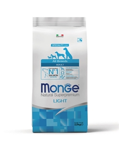 All Breeds Adult Light Сухой корм для взрослых собак всех пород склонных к набору избыточного веса, с лососем и рисом, 2,5 кг Monge