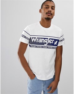 Бежевая синяя футболка с крупным логотипом полоской и круглым вырезом Wrangler
